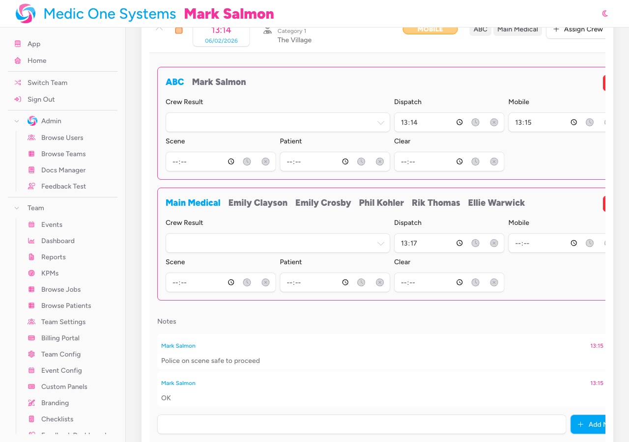 Screenshot: A crew card inside an expanded job row, showing the callsign and crew member names at the top, the Crew Result dropdown, and the five time fields (Dispatch, Mobile, Scene, Patient, Clear) each with a time input, Now button, and Clear button
