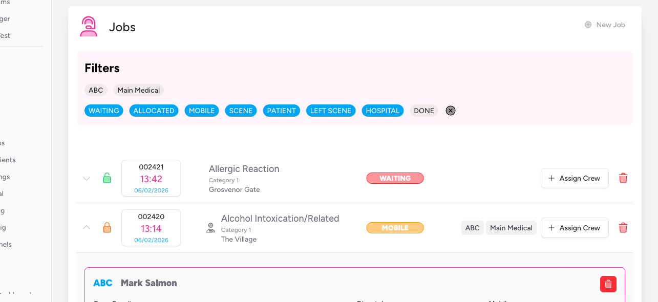 Screenshot: A job row expanded downward, with the chevron pointing down and the detail panel open beneath, showing crew cards and the Notes section