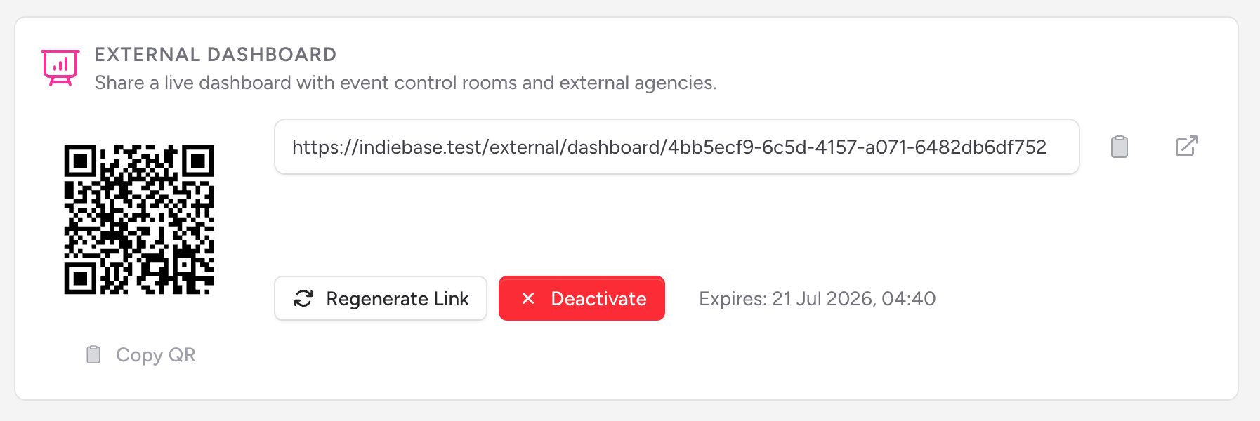 Screenshot: The External Dashboard section in its active state, showing the QR code, the dashboard URL with copy/open buttons, and the Regenerate Link and Deactivate buttons