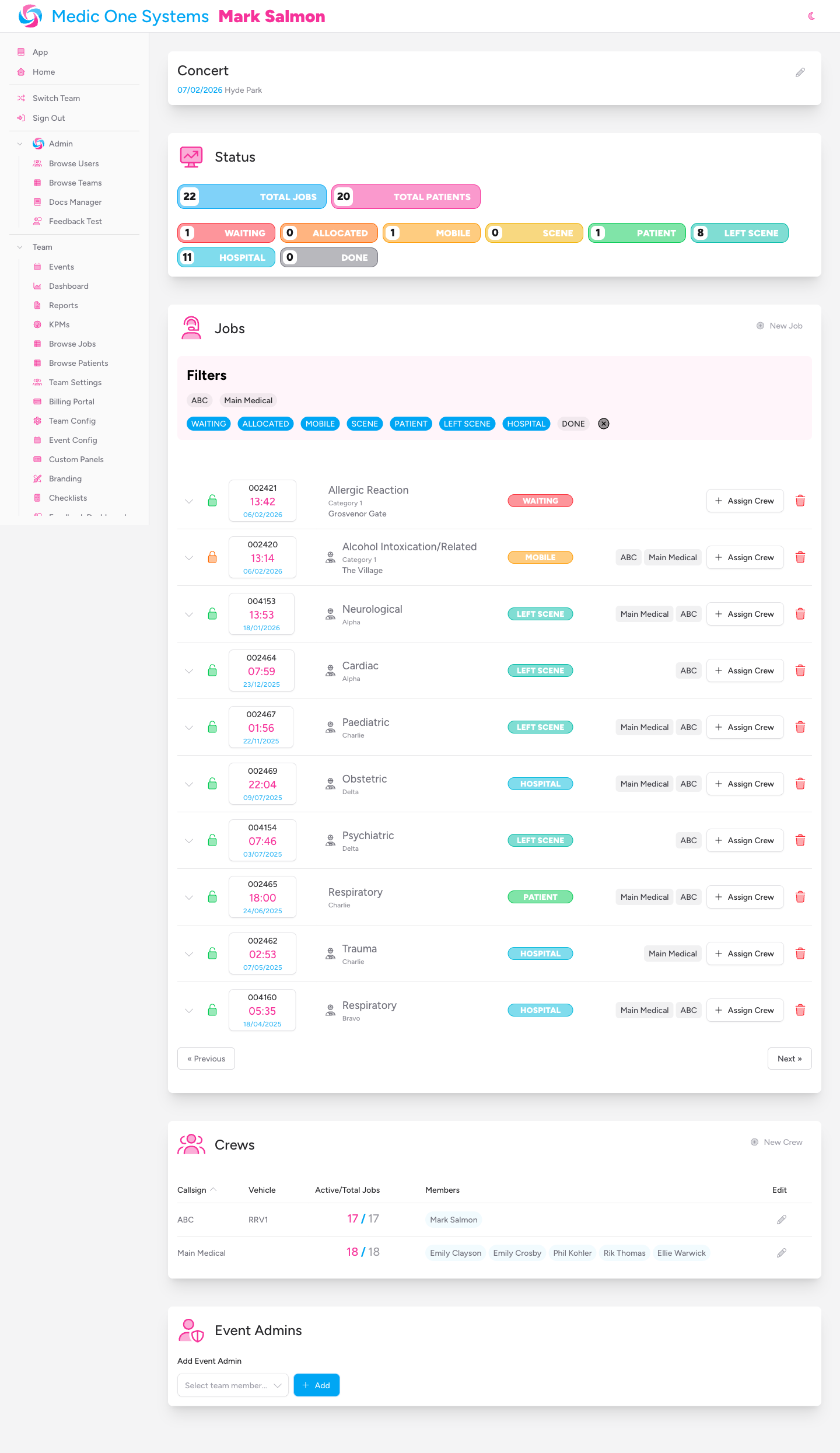 Screenshot: The event show page in full, showing the event header, status dashboard, and jobs section below