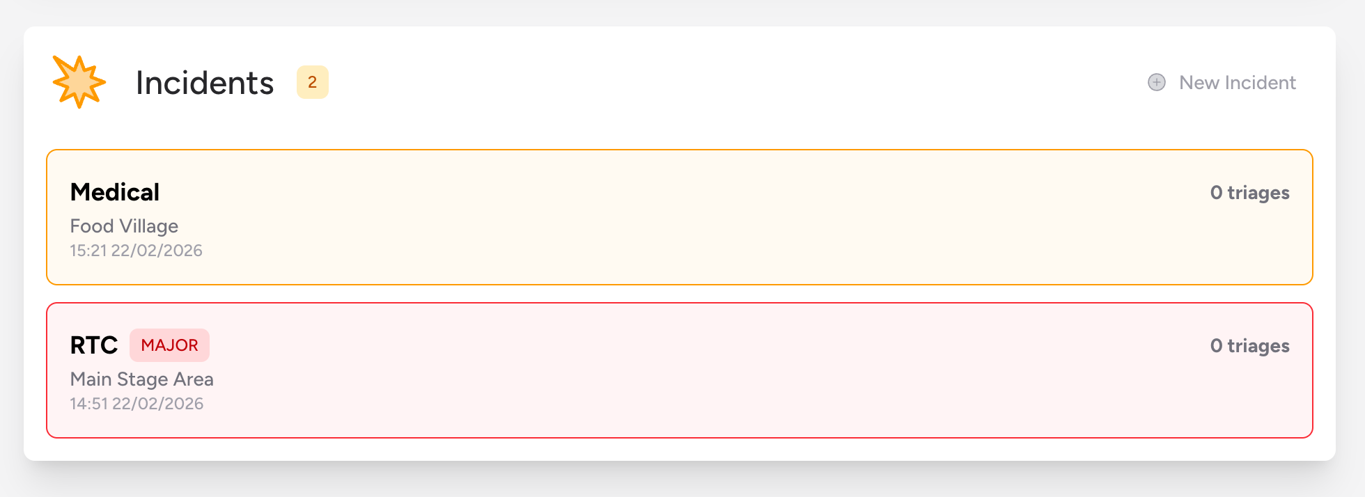 Screenshot: Two incident cards — one amber-bordered standard incident and one red-bordered major incident with a MAJOR badge — showing type, location, time, crew callsign badges, and triage count