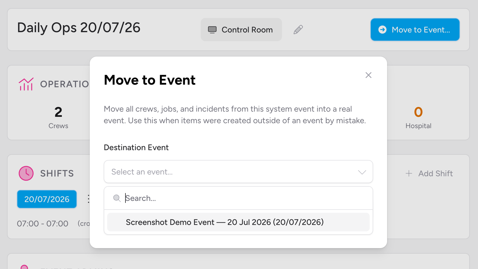 Screenshot: The absorb/Move to Event modal showing the destination event dropdown and the Preview button