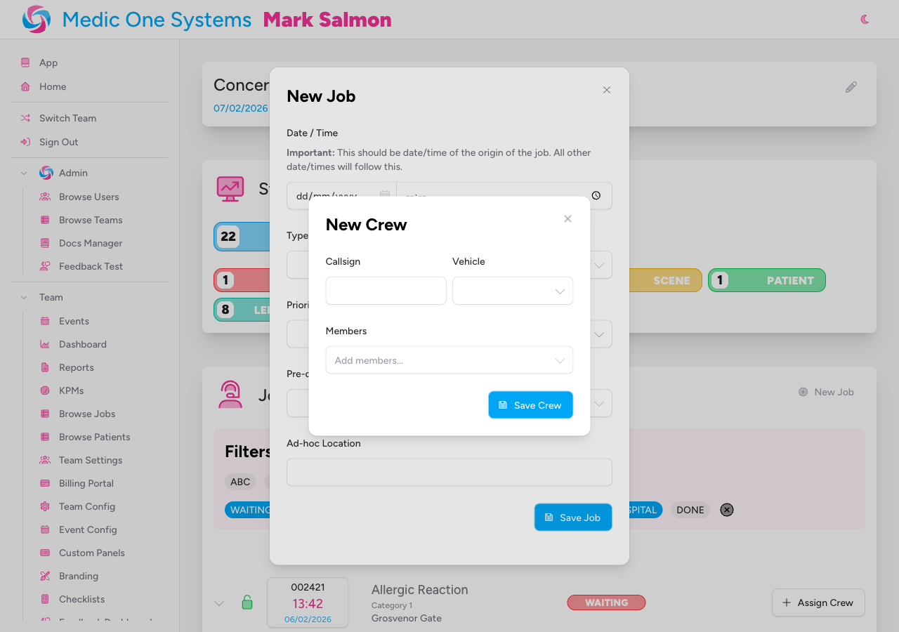 Screenshot: The New Crew modal showing the Callsign input field, the Vehicle dropdown, and the Members multi-select with selected member tags shown above the dropdown, and the Save button at the bottom right