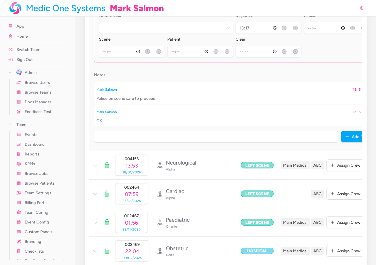 Screenshot: The Notes section inside an expanded job row, showing one or two existing notes with author name and timestamp, and the text input and Add button below