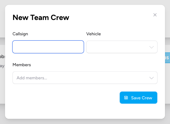 Screenshot: The New Team Crew modal showing the Callsign input, Vehicle dropdown, and the Members multi-select with selected member tags displayed above the dropdown, with the Save Crew button at the bottom right