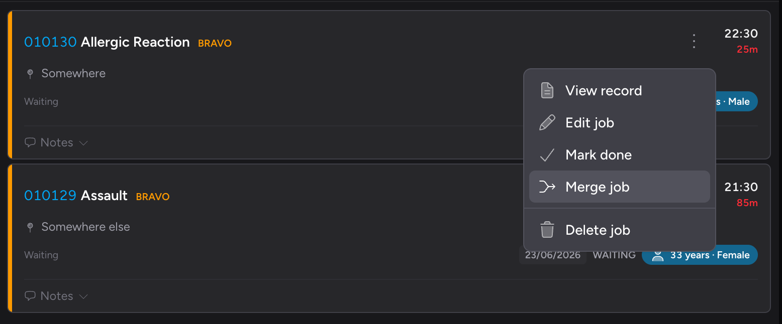 Screenshot: A job card in the Control Room job feed with the ⋮ actions dropdown open, showing the "Merge job" menu item highlighted