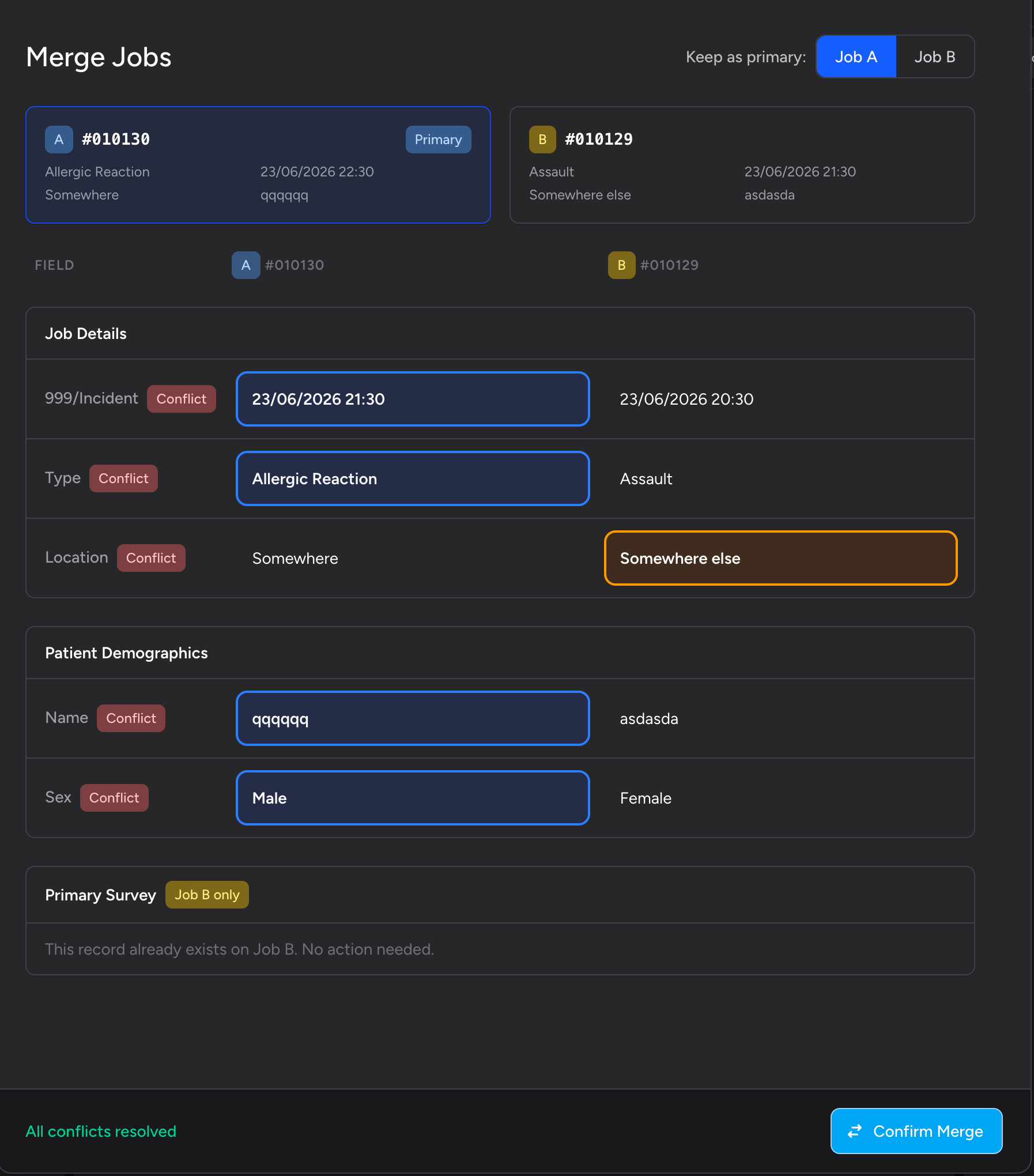 Screenshot: The sticky footer inside the Merge Job modal showing "All conflicts resolved" in green on the left and the active "Confirm Merge" button on the right