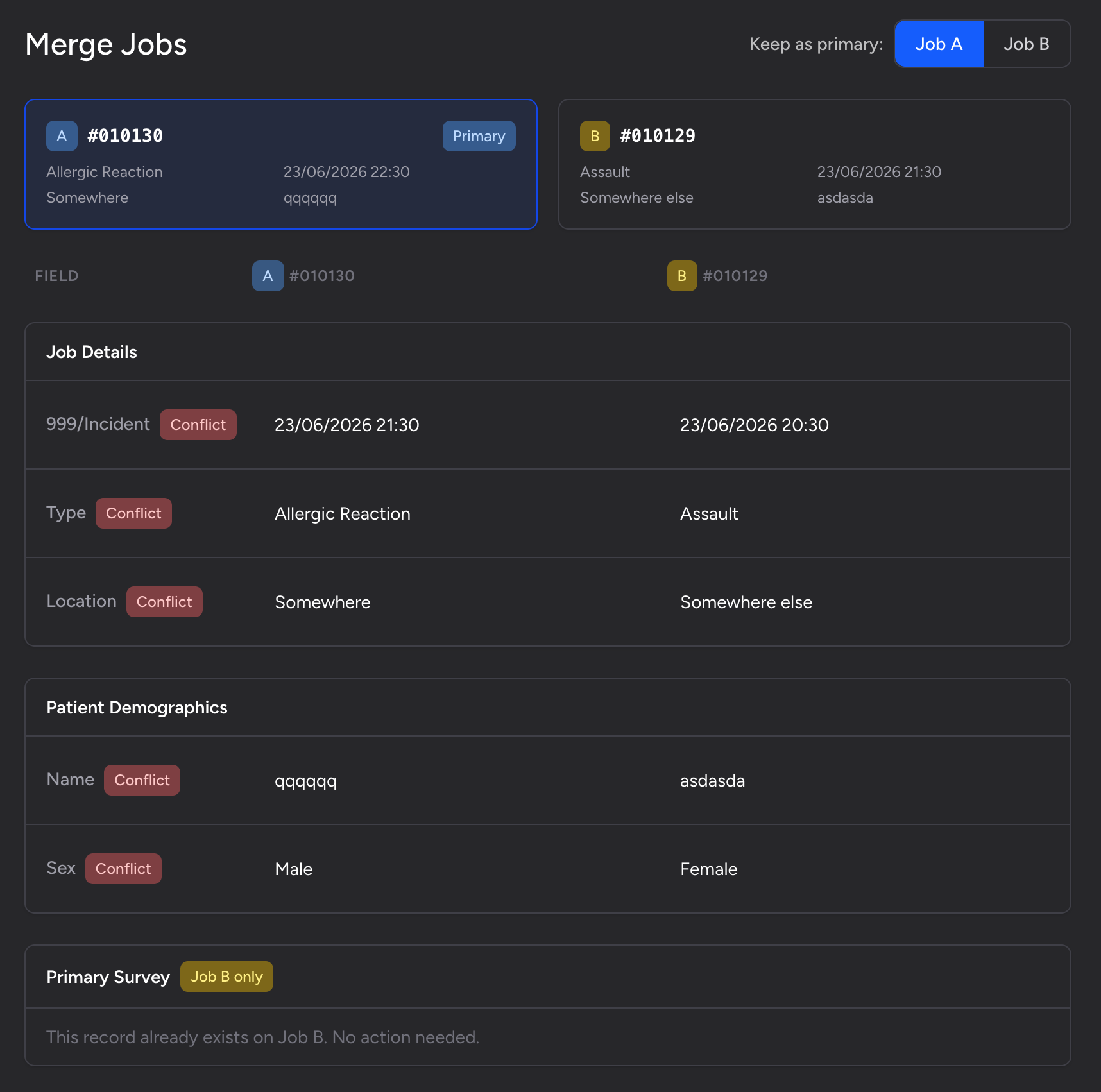 Screenshot: The conflict resolver step of the Merge Job modal showing the "Keep as primary" toggle with Job A selected (blue background), and both summary cards below with Job A carrying a "Primary" badge