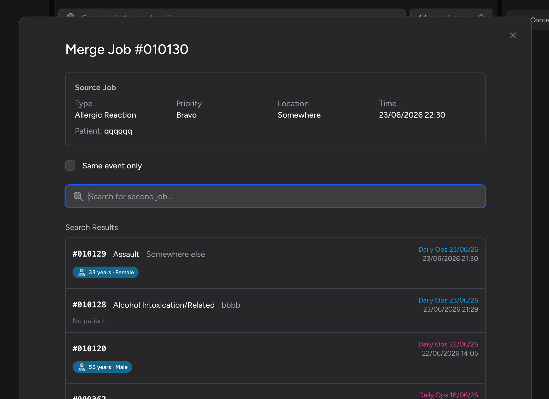 Screenshot: The Merge Job modal open over the Control Room, showing the "Merge Job #000042" heading and the Source Job summary card, with the search field below it