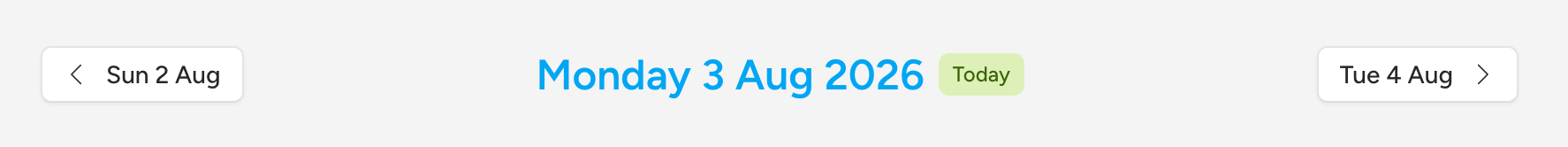 Screenshot: The date navigation bar showing the left chevron button, the date heading "Wednesday 18 Mar 2026" with a "Today" lime badge, and the right chevron button