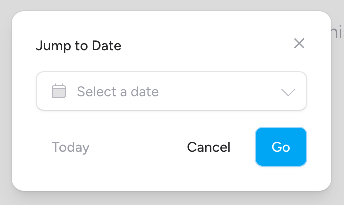 Screenshot: The "Jump to Date" modal showing a date picker calendar, a "Today" button on the left of the footer, and the Cancel and Go buttons on the right