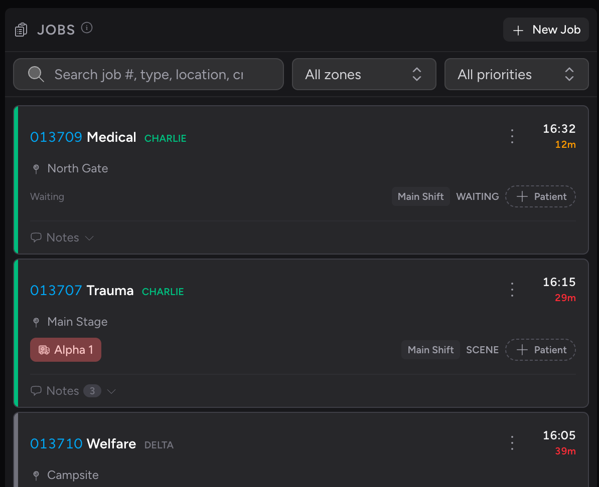 Screenshot: The Control Room job feed showing several job cards with priority colour bar, elapsed timer, location, crew badges, status label, and patient badge