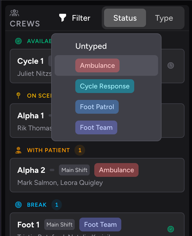Screenshot: The Crew Board's Status/Type toggle and the crew-type filter funnel menu open, showing checkboxes for each crew type
