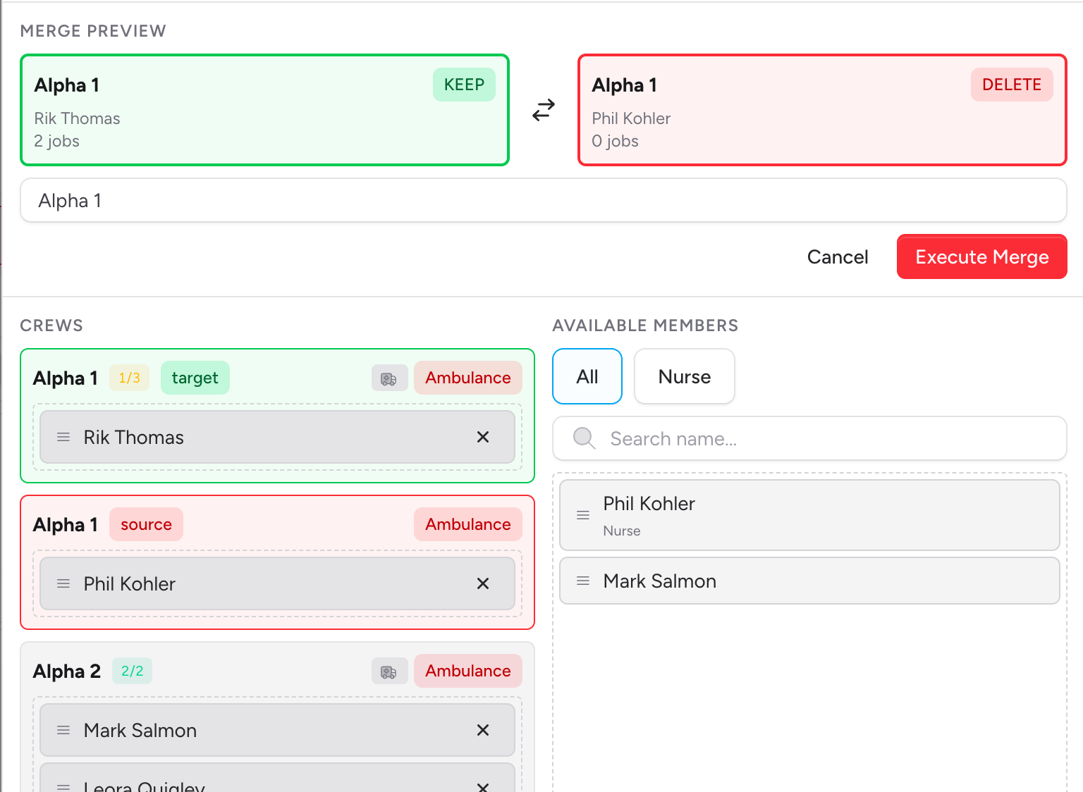 Screenshot: The Crew Builder slideover in merge mode, showing the target crew highlighted green and the source crew highlighted red in the merge preview panel