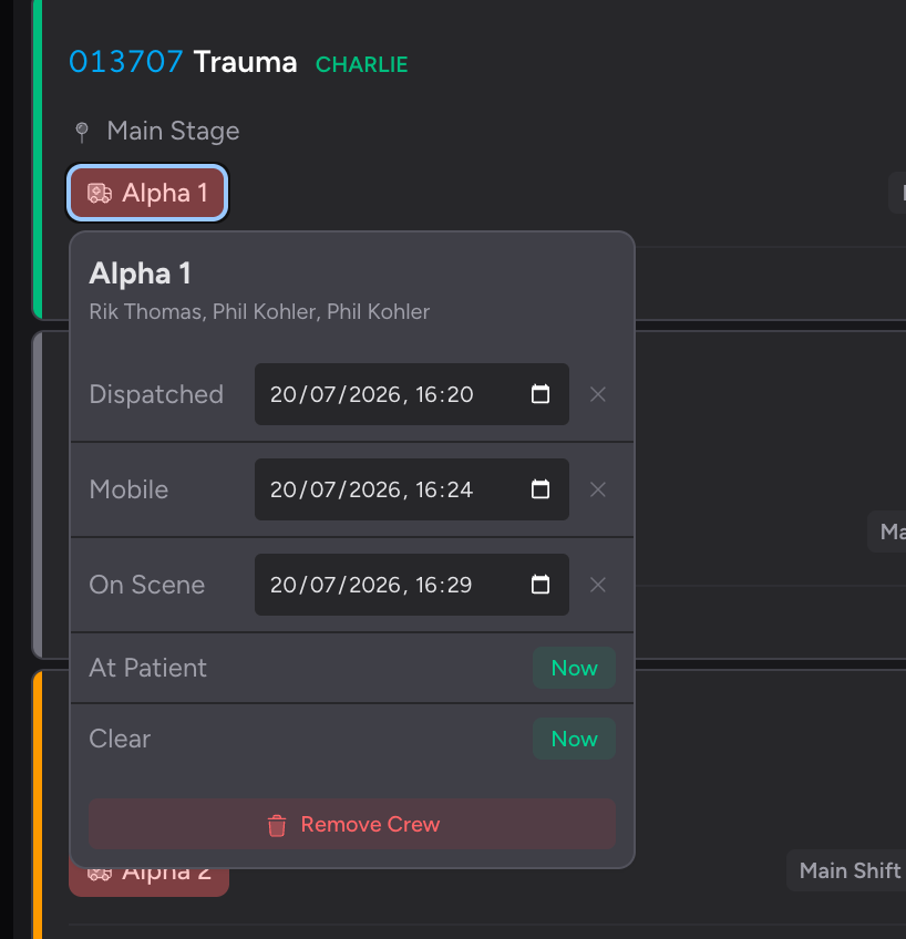 Screenshot: A crew badge popover open on a job card, showing the five timestamp rows with Now buttons and the Remove Crew button