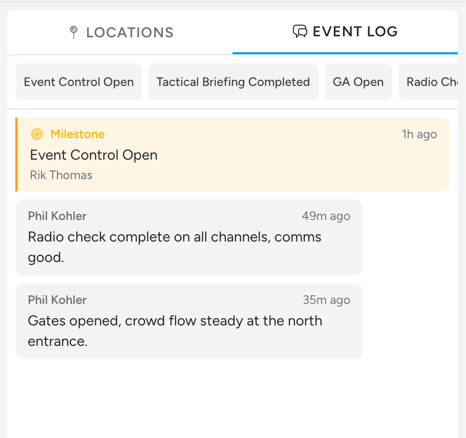 Screenshot: The Event Log tab showing the macro button row at the top, a milestone entry, and a couple of plain chat notes below
