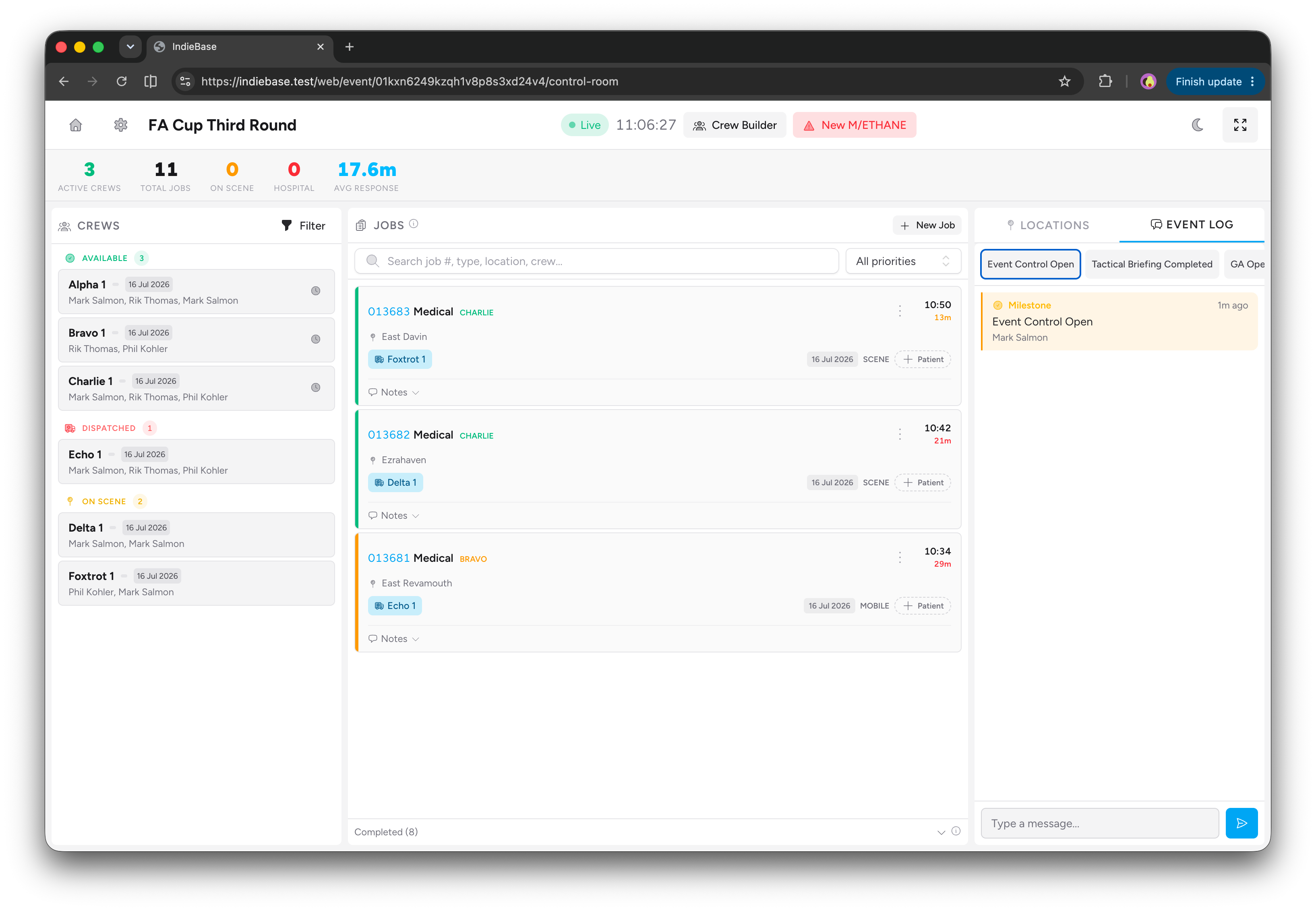 Screenshot: The full Control Room layout showing the header, KPI strip, crew board on the left, job feed in the centre, and the Locations/Event Log tabs on the right
