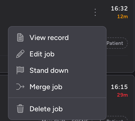 Screenshot: The ⋮ Job actions menu open on a job card showing View record, Edit job, Mark done, Merge job, and Delete job