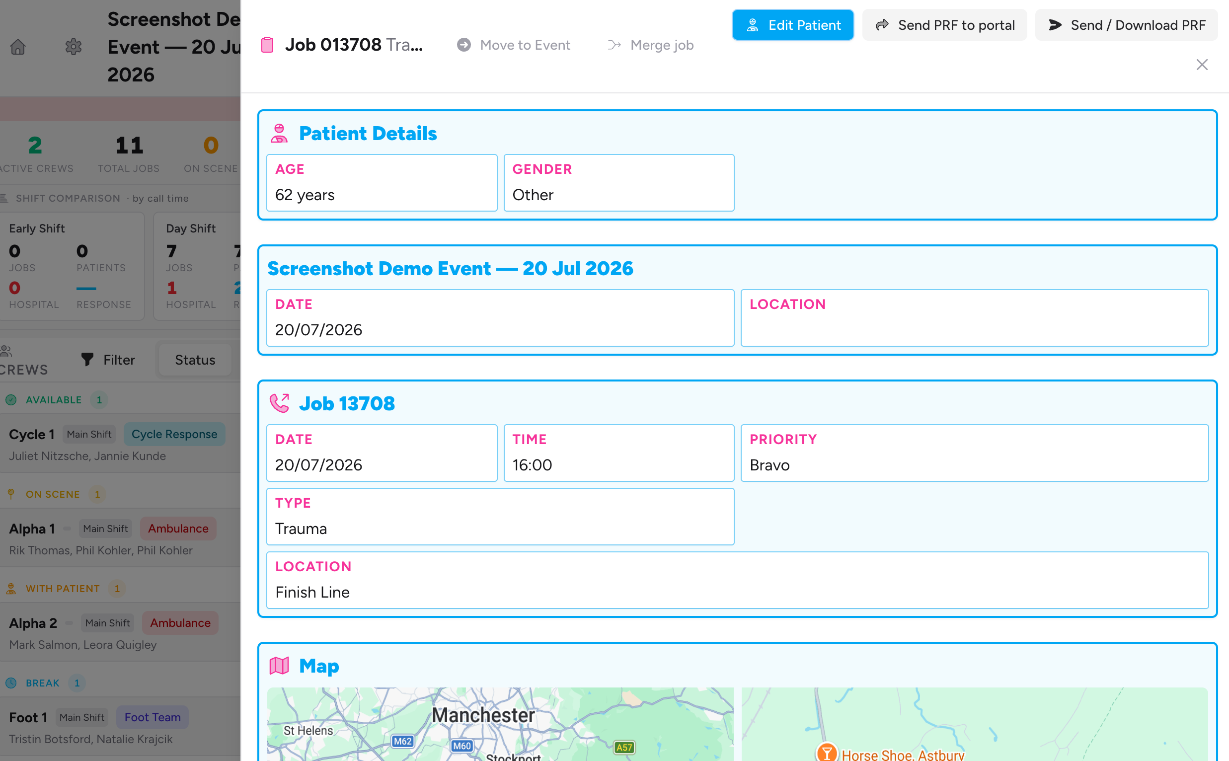 Screenshot: The Job View Slideover open on the right of the Control Room, showing the patient report preview and the action button row at the top
