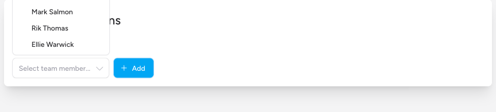 Screenshot: The Add Event Admin dropdown open, showing a list of team member names with a search field at the top.