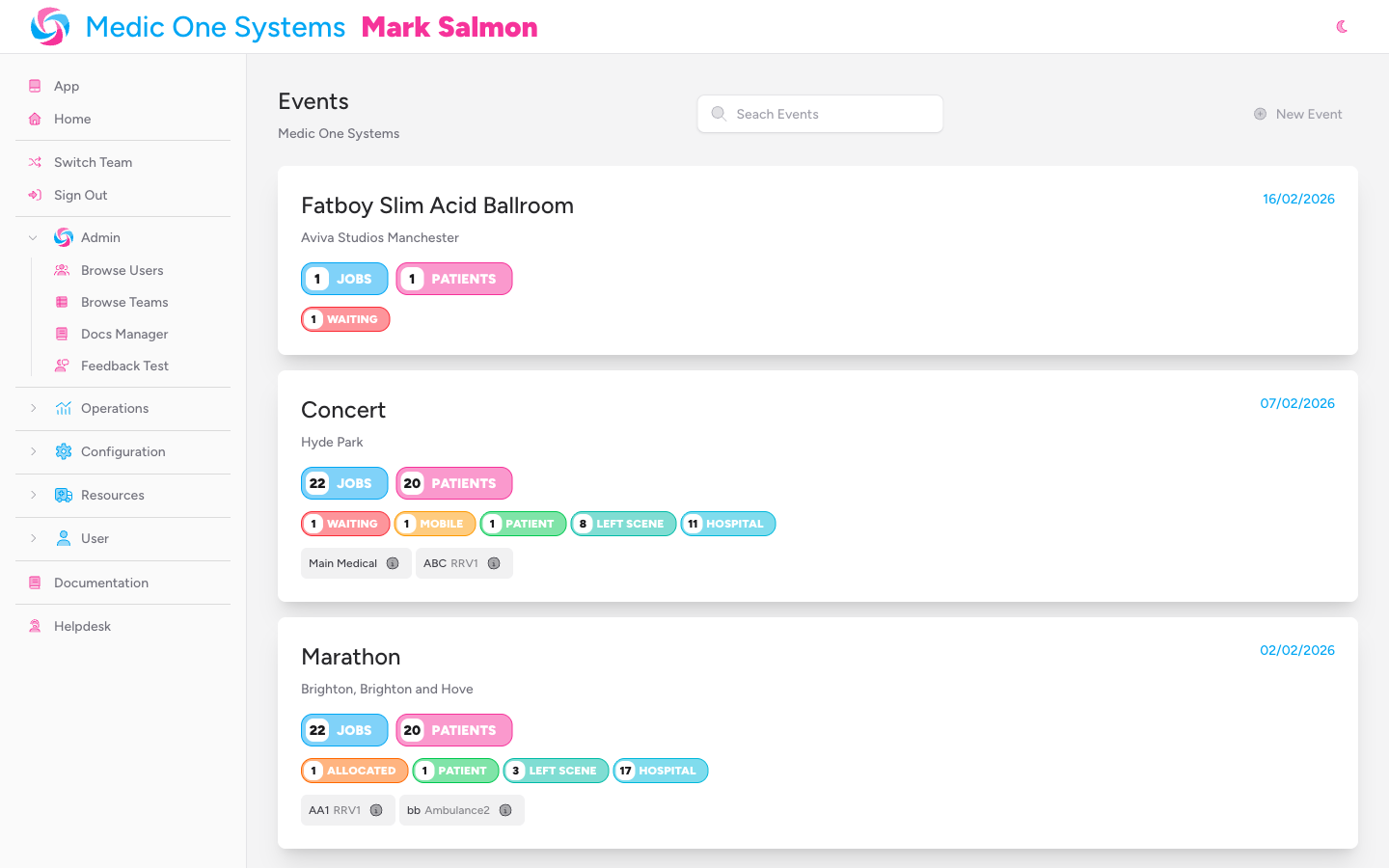Screenshot: The Events list page, showing a list of events with their dates and titles. The user clicks on an event to open it.