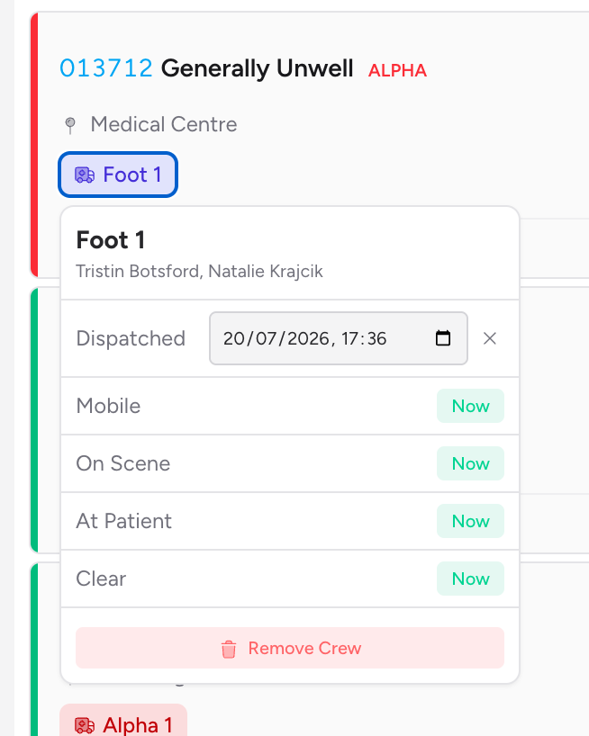 Screenshot: A job card's crew badge popover open, showing the Dispatched, Mobile, On Scene, At Patient, and Clear fields, each with a "Now" button or a datetime input and clear button