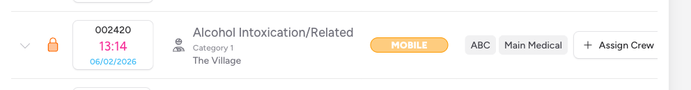 Screenshot: A job row showing a crew callsign badge after assignment, alongside the Assign Crew button