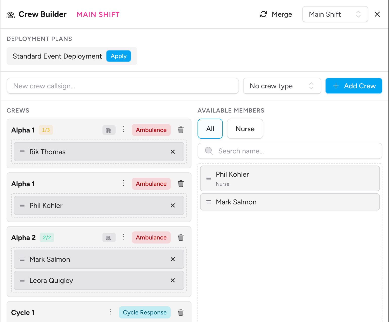 Screenshot: The Crew Builder slideover open, showing the Add Crew row at the top, the Crews column on the left with existing crew cards, and the Available Members column on the right with a search box and role filter
