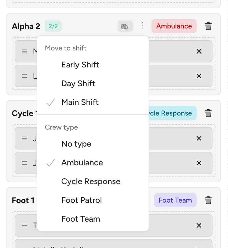 Screenshot: A crew card's actions menu open, showing the "Move to shift" and "Crew type" submenus