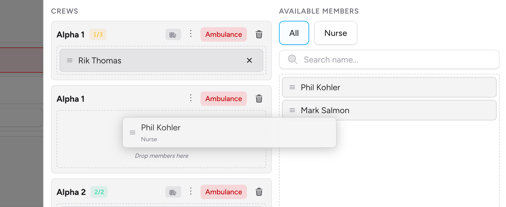 Screenshot: A member card being dragged from the Available Members column into a crew's drop zone in the Crews column