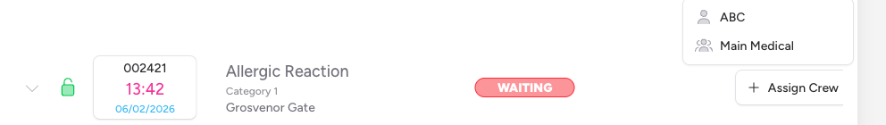 Screenshot: The "Assign Crew" dropdown open on a job row, showing available crew callsigns