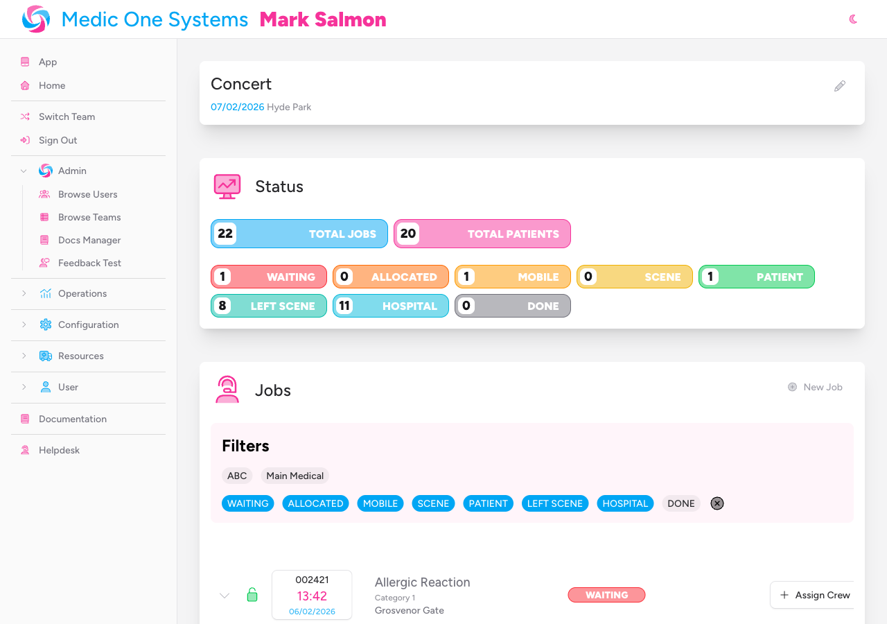 Screenshot: The event page showing the title, date, status counts, and the Jobs section with a "New Job" button in the top-right of the Jobs panel