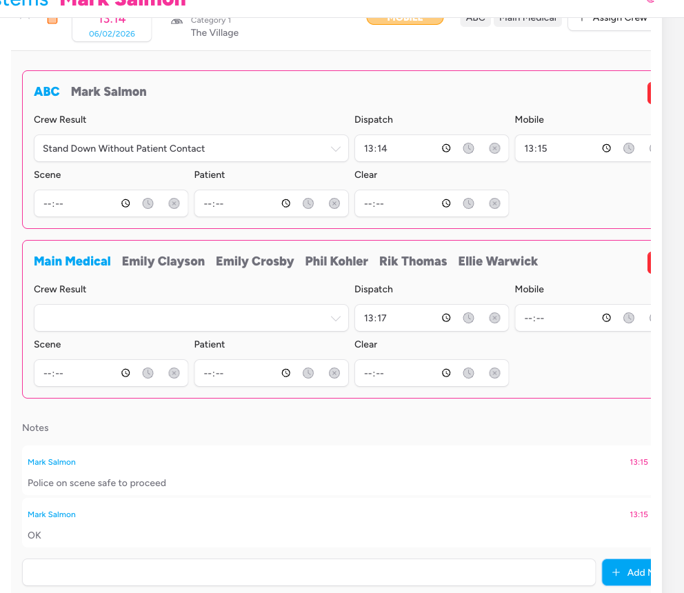 Screenshot: The expanded job detail panel showing crew timing fields with clock/clear buttons, the Crew Result selector, and the Notes section