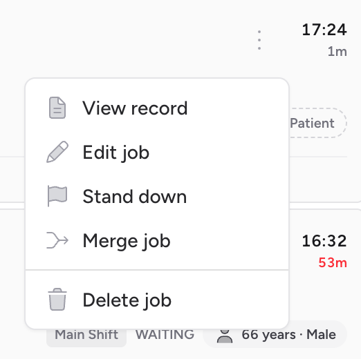 Screenshot: The Job actions (⋮) menu open on a job card, showing View record, Edit job, Mark done, Merge job, and Delete job options