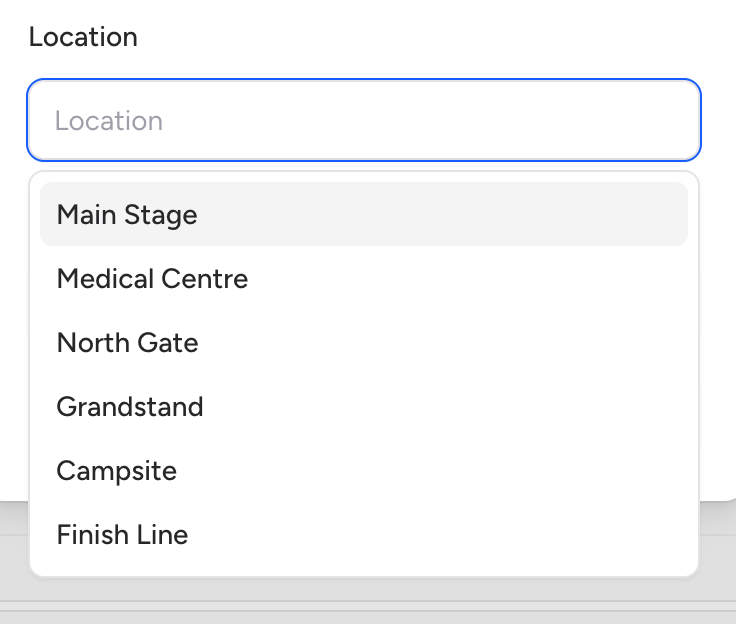 Screenshot: The Location field in the New Job modal with the autocomplete dropdown open, showing matching venue location suggestions