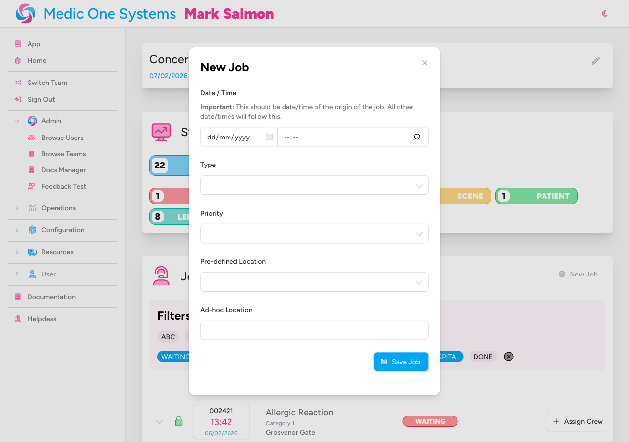 Screenshot: The "New Job" modal open, showing the Date/Time, Type, Priority, and Location fields