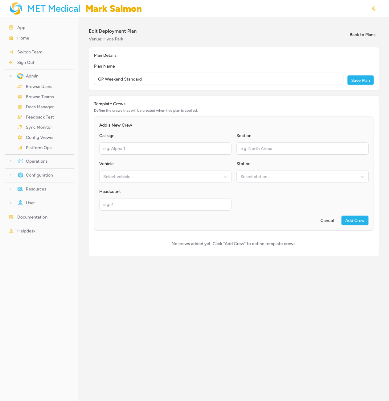 Screenshot: The Add a New Crew form showing the Callsign, Section, Vehicle, Station, and Headcount fields in a two-column grid layout