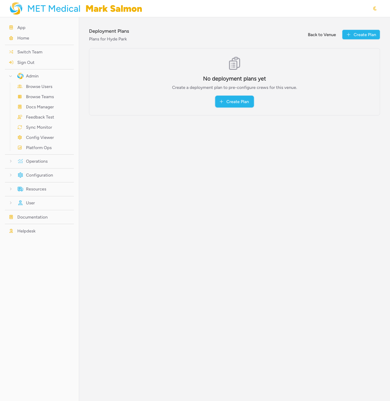 Screenshot: The Deployment Plans index page for a venue showing the "No deployment plans yet" empty state with a "Create Plan" button, and the venue name shown in the subheading
