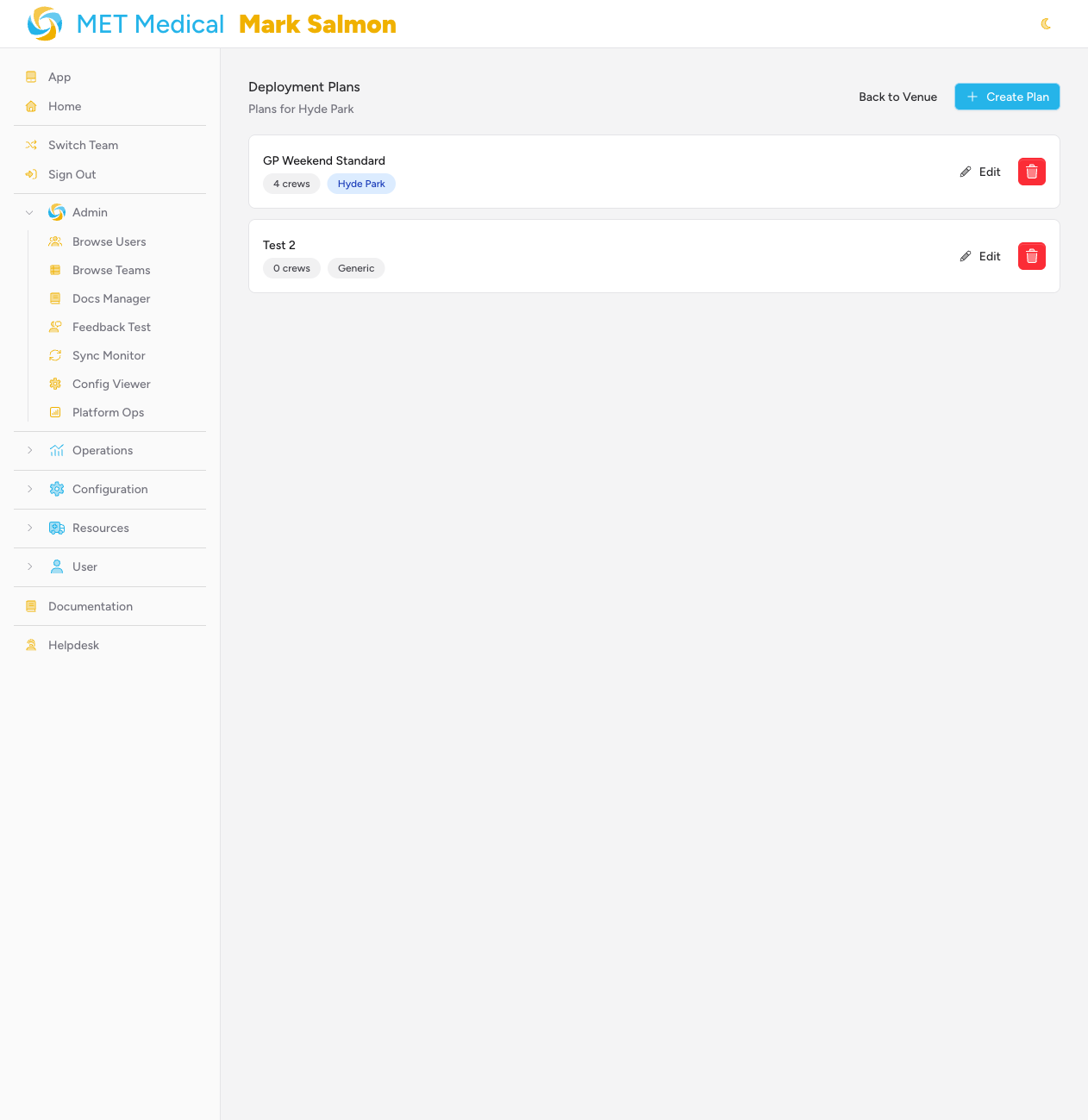 Screenshot: The Deployment Plans index page showing a "Create Plan" button in the top-right and a list of existing plan cards with crew counts and venue badges