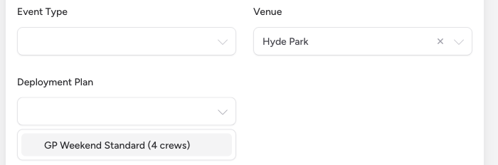 Screenshot: The New Event form showing the Venue dropdown with a venue selected and the Deployment Plan dropdown appearing below it, with a plan selected showing the crew count in parentheses