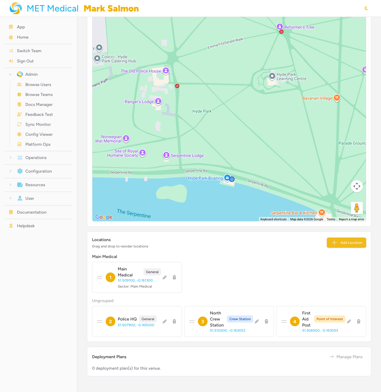 Screenshot: The Locations list on the Manage Venue page showing several locations, each with a coloured type badge - a blue "Crew Station" badge and an amber "Point of Interest" badge