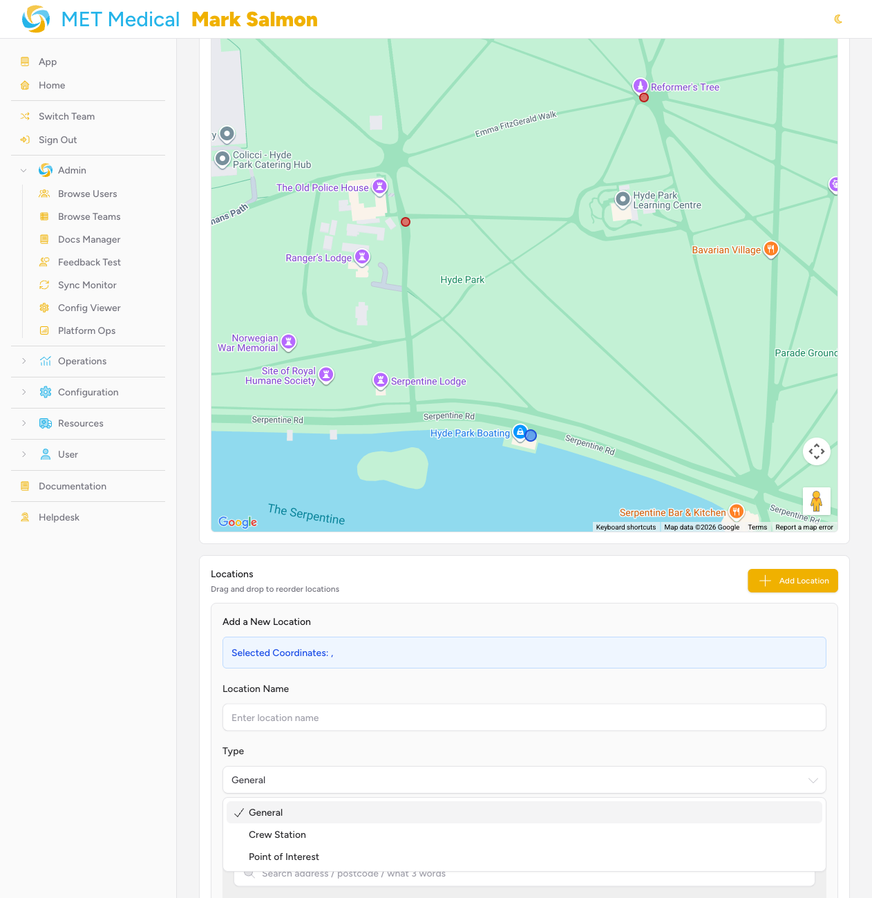 Screenshot: The location edit form on the Manage Venue page showing the Type dropdown with options "General", "Crew Station", and "Point of Interest"