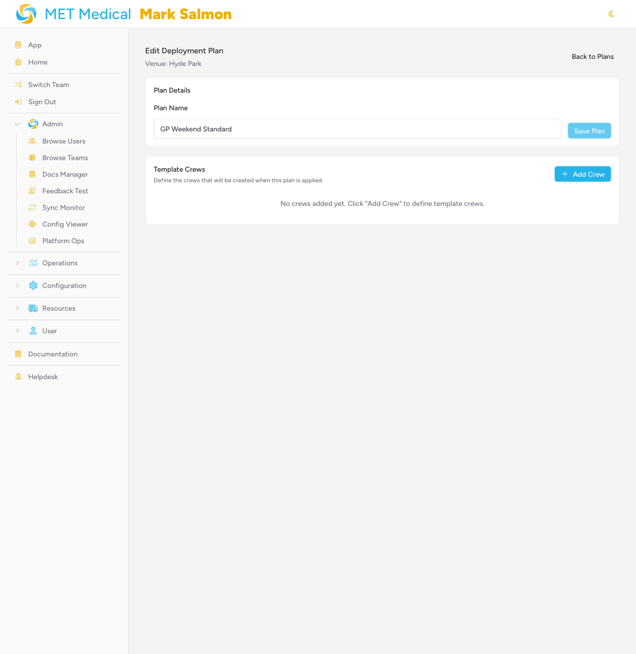 Screenshot: The Template Crews section showing the "No crews added yet" empty state and the "Add Crew" button in the top-right of the panel