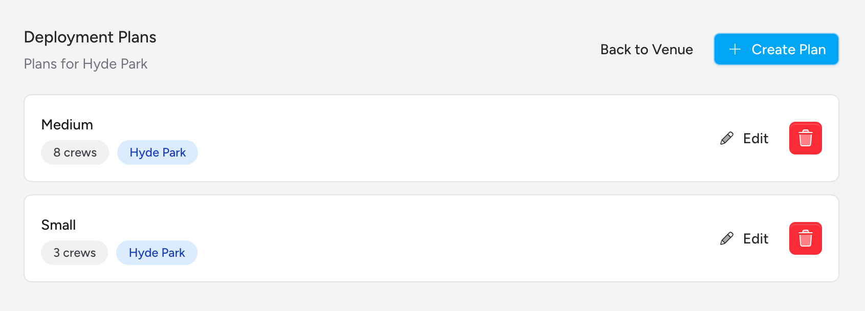 Screenshot: The "Deployment Plans" panel on the Manage Venue page, showing the plan count and a "Manage Plans" button