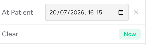Screenshot: The crew badge popover showing a field with the "Now" button, and another field already filled in with a datetime value and a clear (×) button beside it