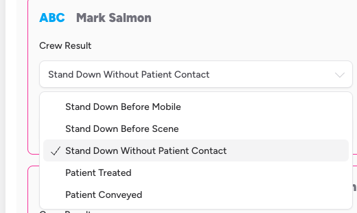 Screenshot: The Crew Result dropdown open, showing the five result options listed