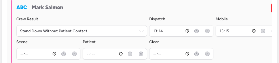Screenshot: The expanded crew card showing the five time fields — Dispatch, Mobile, Scene, Patient, and Clear — with a value of "14:35" typed into the Dispatch field