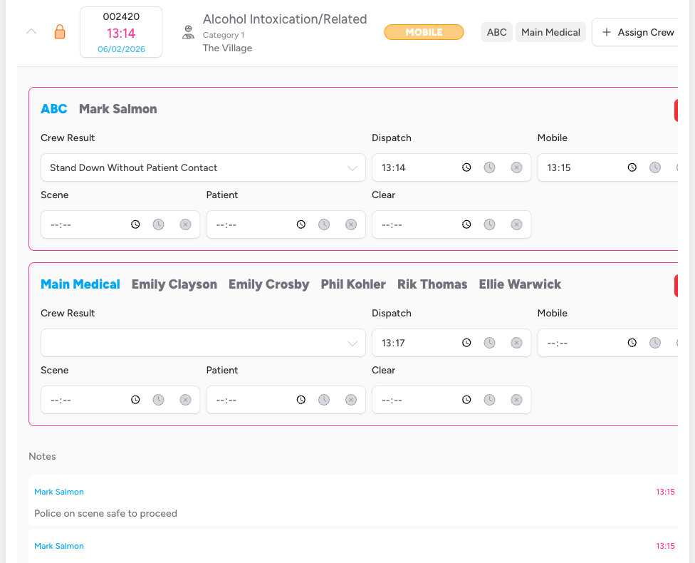 Screenshot: A job row in the expanded state, with the chevron pointing downward and the detail panel visible beneath the row, showing crew time fields and a Notes section