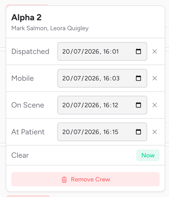 Screenshot: A job card in the Control Room feed with a crew badge highlighted, and the popover open beneath it showing the crew's callsign, member names, and timestamp fields