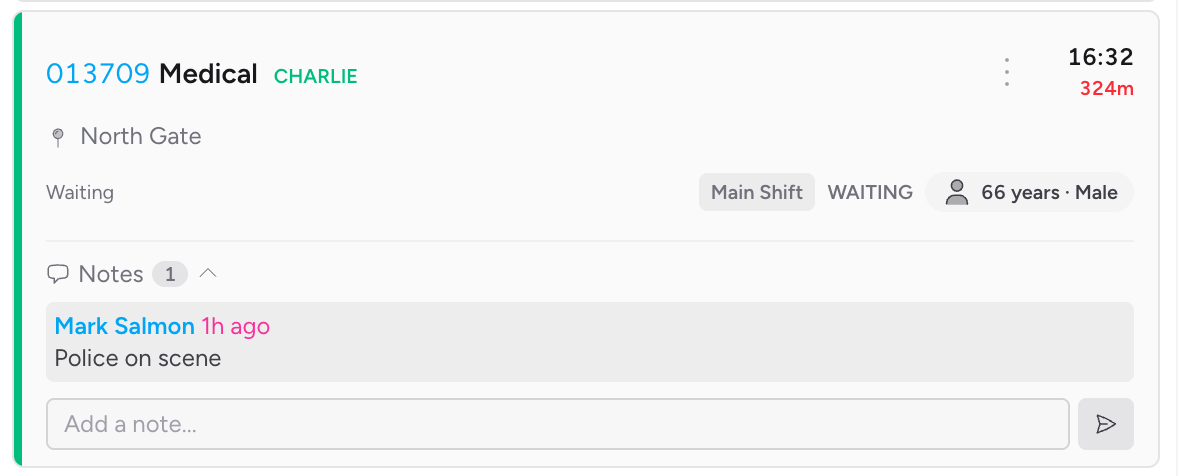 Screenshot: A job card with the Notes section expanded, showing an existing note with the author's name and a relative timestamp, and the note input field below it